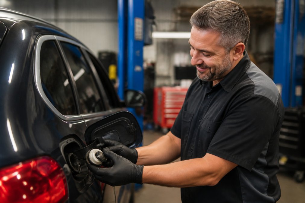 Mechanic tightening a vehicle's gas cap to help determine why is my check engine light on steady during an inspection
