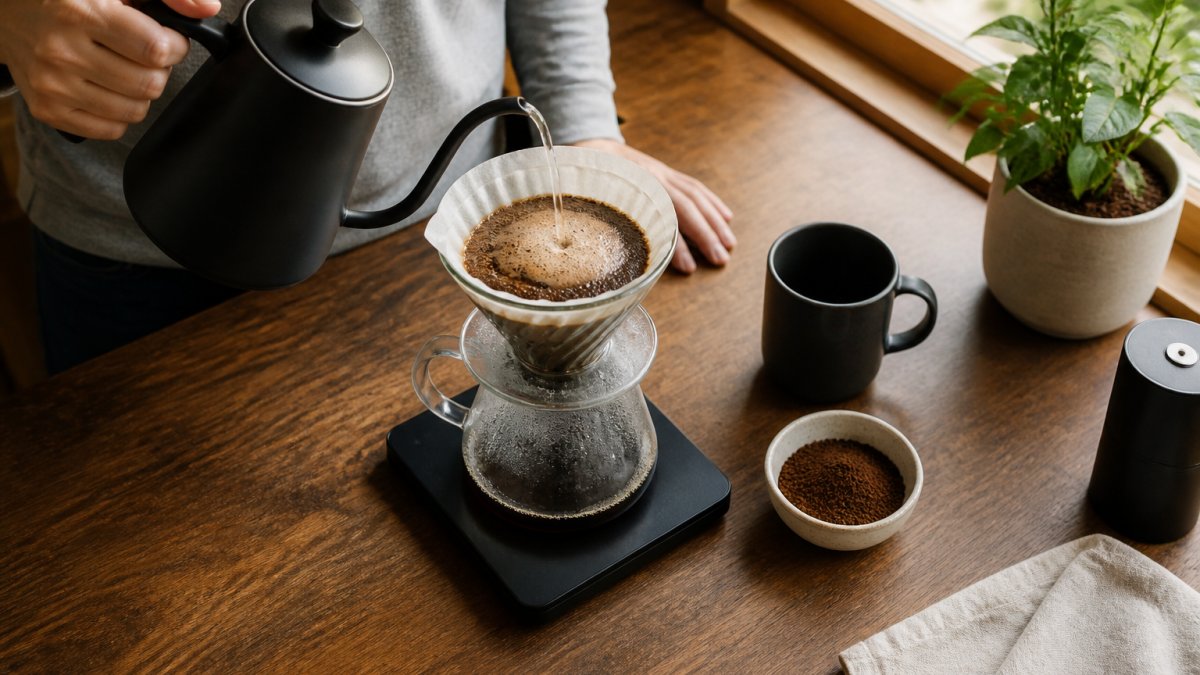 Overhead shot of a kitchen counter with a pour-over setup, a digital scale, a gooseneck kettle, and a small bowl of freshly ground coffee beside a mug, warm morning light through a window