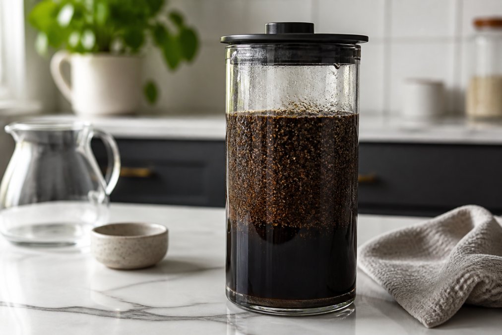 Close-up of a glass cold brew maker filled with dark coffee grounds steeping in cold water, sitting on a white marble kitchen bench with soft natural light
