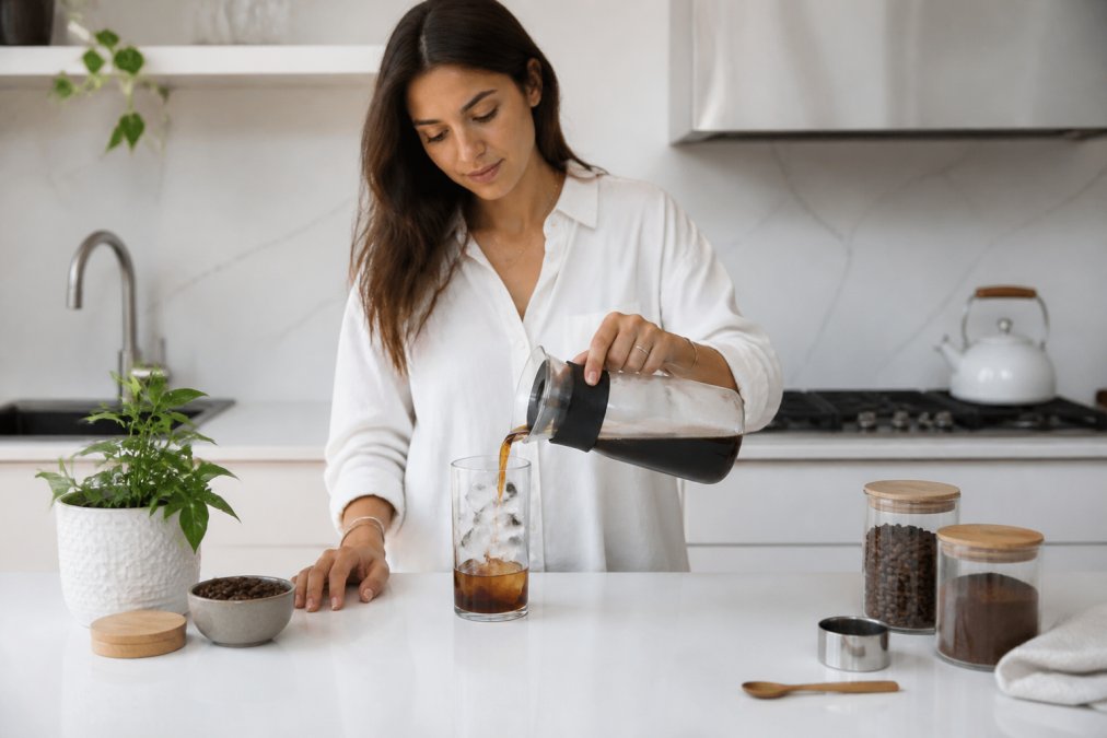Woman in a bright, minimal kitchen pouring smooth cold brew concentrate from a borosilicate glass brewer into a glass of ice, looking calm and focused