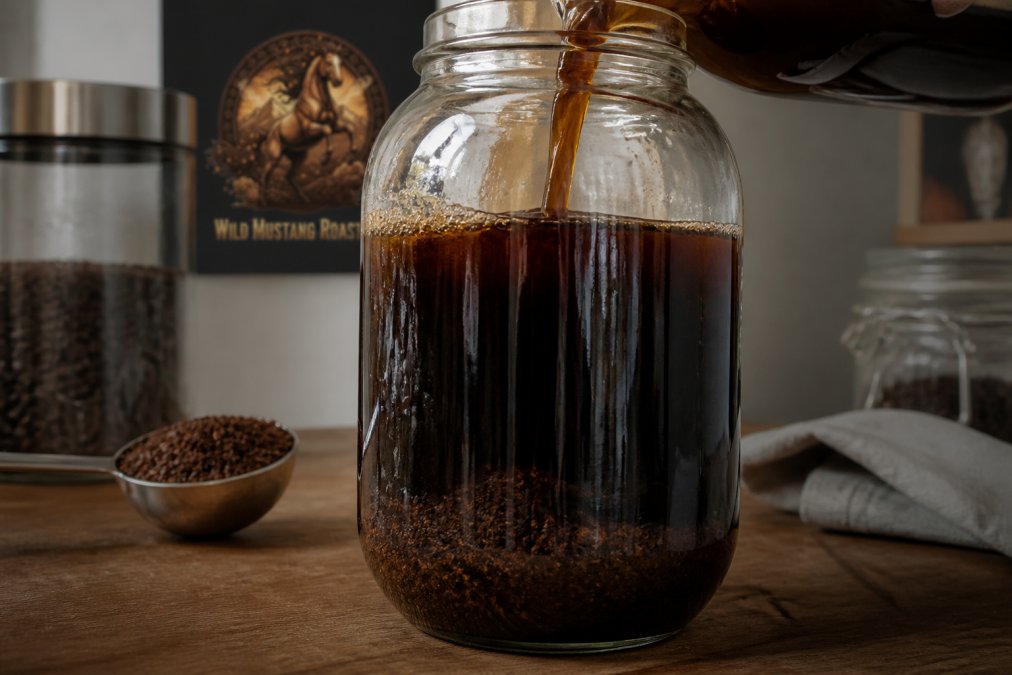 Close-up of a glass jar with cold brew coffee being poured, showing the rich dark liquid and coarse grounds settling at the bottom