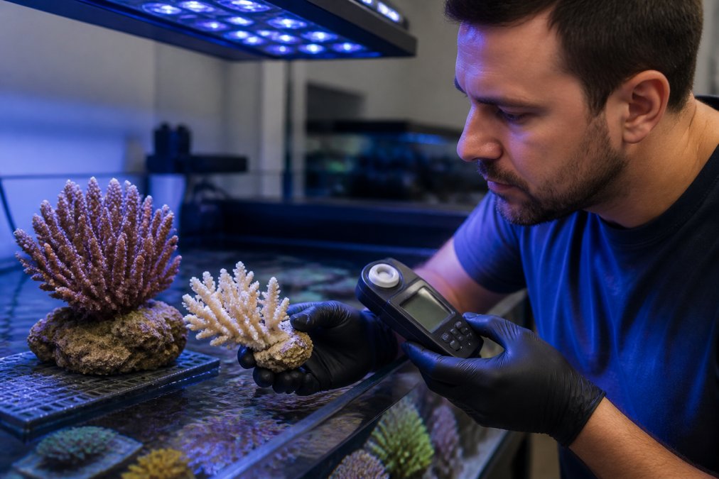 Professional aquarist examining a faded coral specimen next to a vibrant healthy coral under bright LED reef lighting, holding a PAR meter in one hand