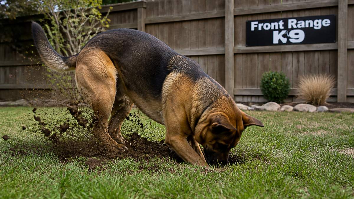 Dog actively digging in backyard with dirt flying, focused intently on creating a hole in grass