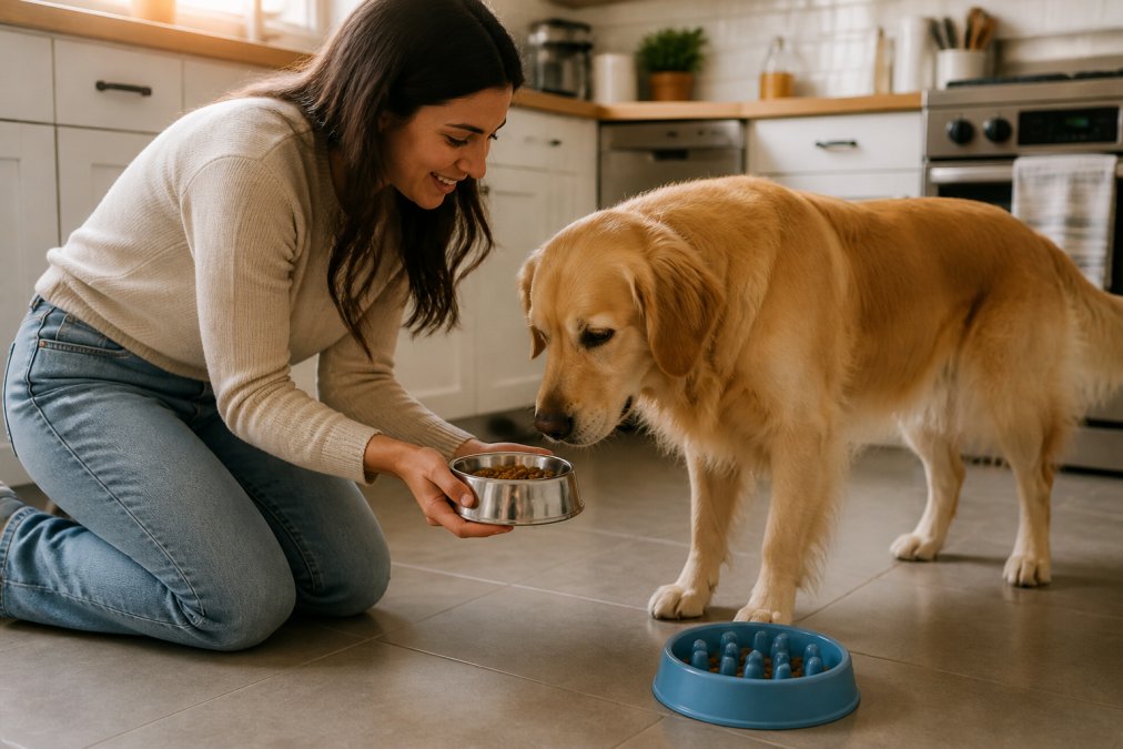Caring owner kneeling on a kitchen floor offering food to a curious golden retriever struggling with dog not eating
