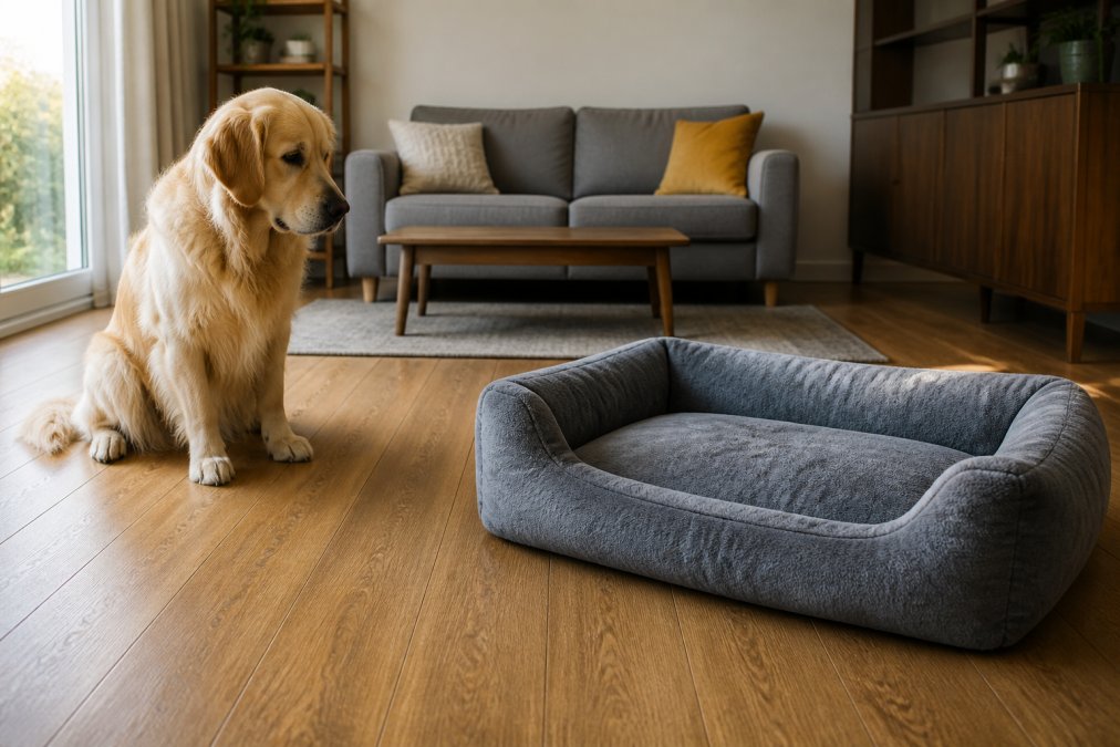 A golden retriever sitting on a wooden living room floor, looking cautiously at a new plush grey sofa bed a metre away, soft afternoon light through a window