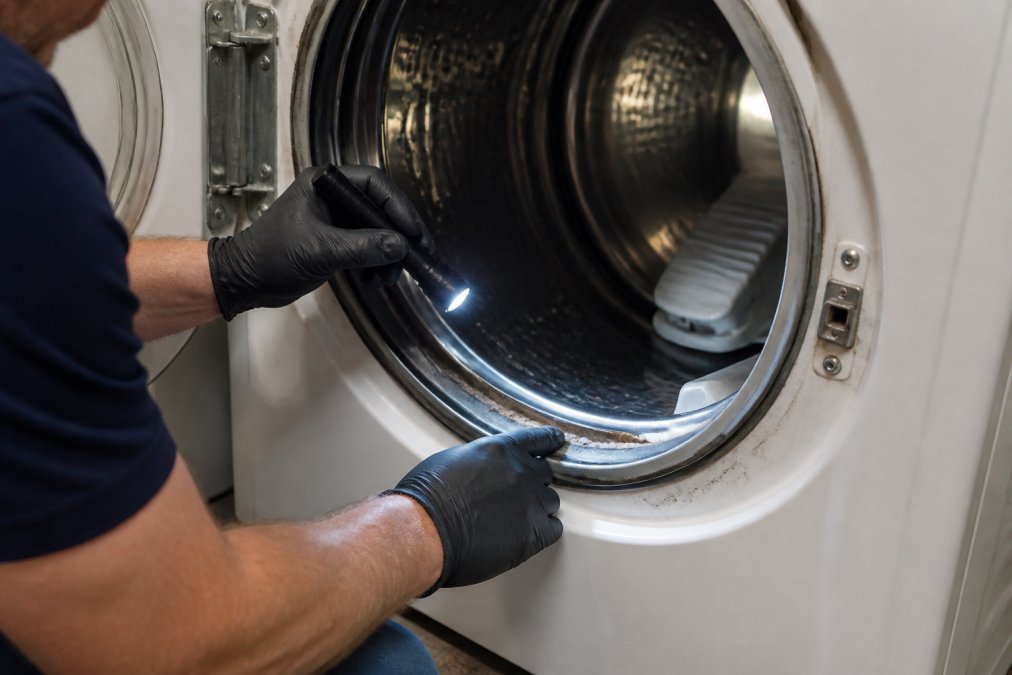 Close-up of a technician's gloved hands inspecting the inside of an open dryer drum, using a small flashlight to examine worn felt seal and drum glides along the front drum edge, workshop lighting overhead
