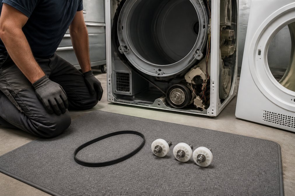 A repair technician kneeling beside a fully disassembled dryer with the drum removed, new drum rollers and a drive belt laid out neatly on a clean grey workshop mat, bright overhead shop lighting