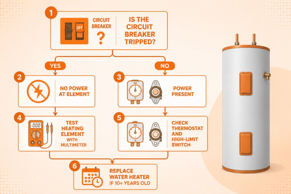 Flowchart for diagnosing insufficient hot water: start with "Is the circuit breaker tripped?", branch to "No power at element" or "Power present", then to "Test heating element with multimeter" and "Check thermostat and high-limit switch", ending in "Replace water heater if 10+ years old"