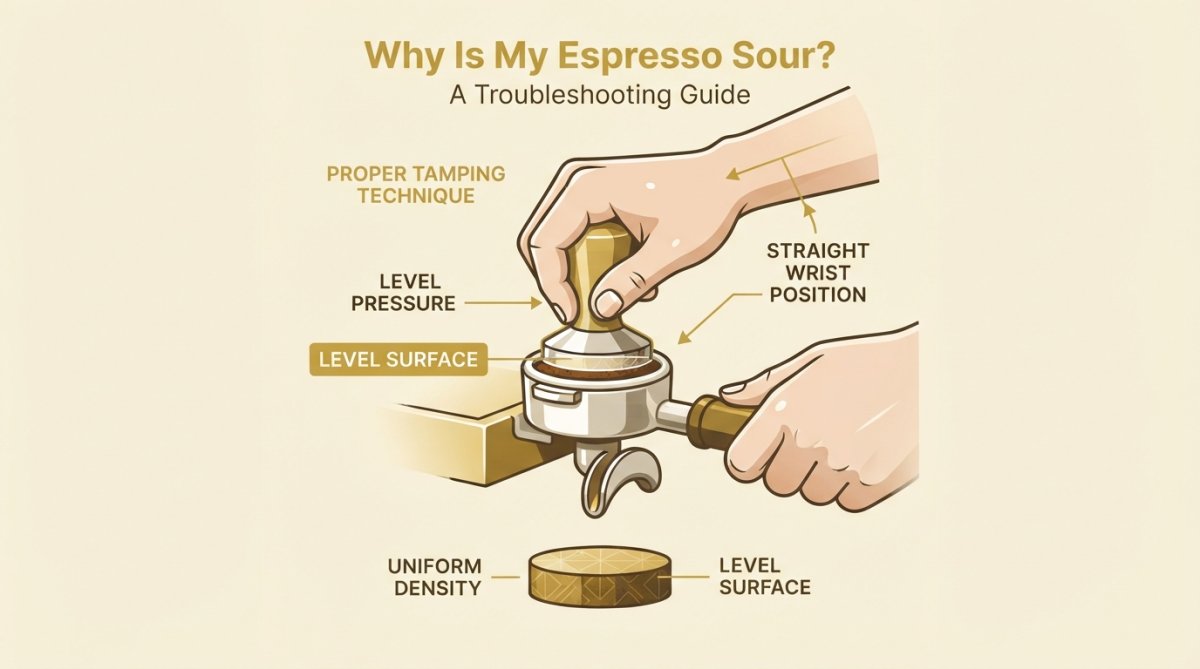 Close-up of hands demonstrating proper tamping technique on a portafilter, showing level pressure and wrist position with consistent downward force