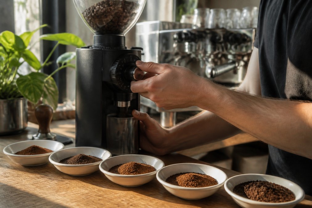 Close-up of a hand adjusting a burr grinder with small dishes of ground coffee at different textures arranged on a wooden counter, warm morning light
