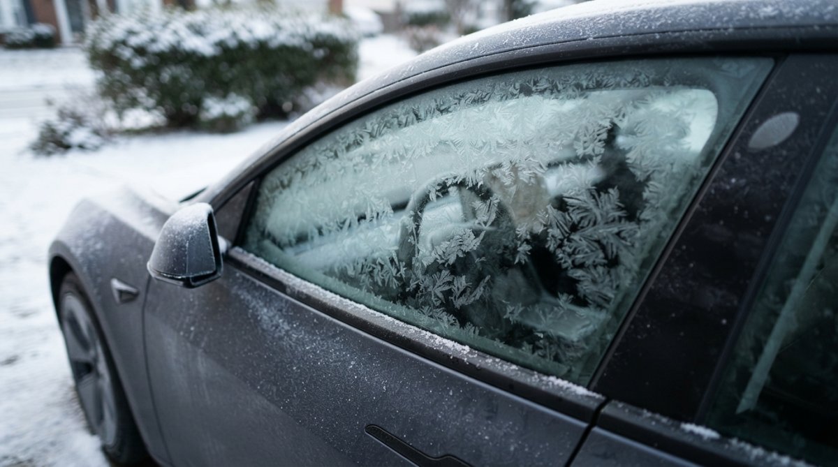 Electric vehicle parked in snowy winter conditions with frost and ice covering the windows and bodywork, emphasising cold weather environment