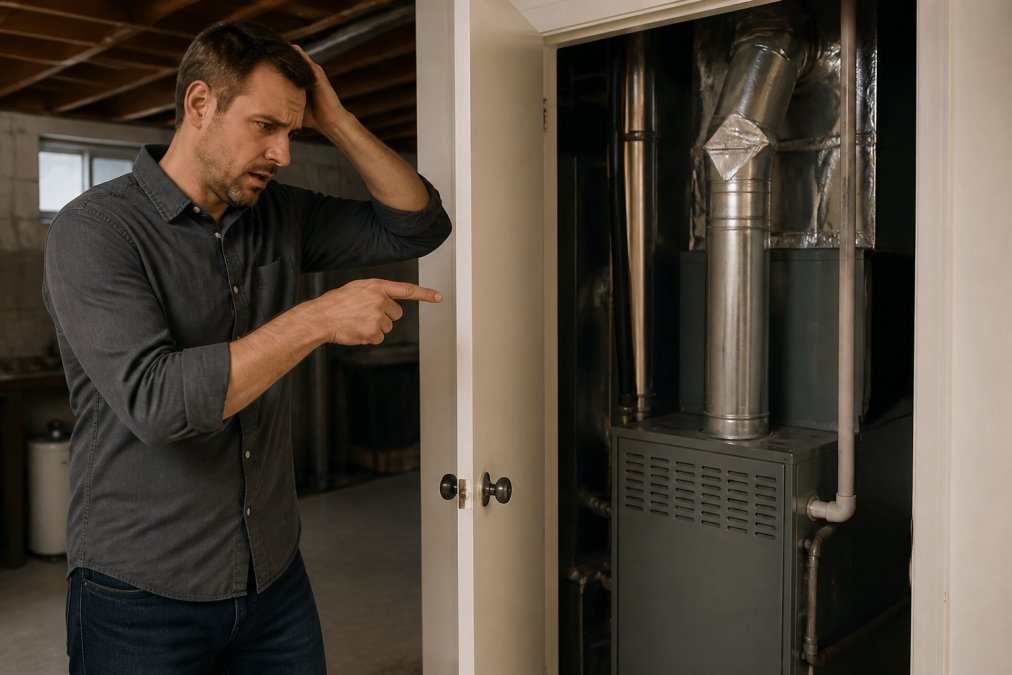 A homeowner looking concerned while standing near an open utility closet door, pointing toward a residential furnace unit in a basement