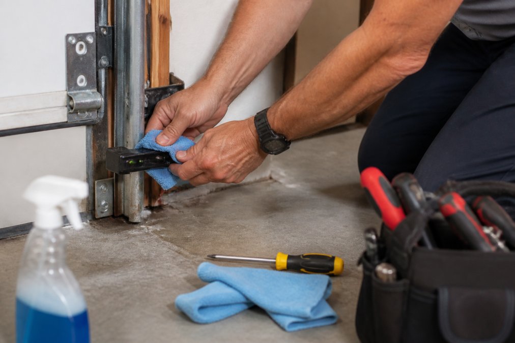 Homeowner using a microfiber cloth to clean a garage door sensor to address why is my garage door opener sensor blocked