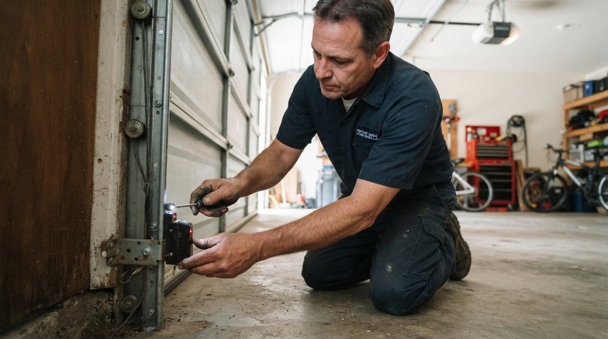 Technician aligning safety sensors to fix a garage door opening by itself