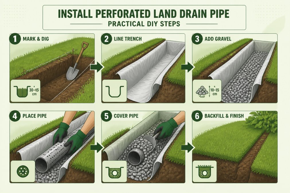 Hands of a gardener installing perforated land drain pipe in a trench lined with gravel and geotextile membrane, showing the practical installation process