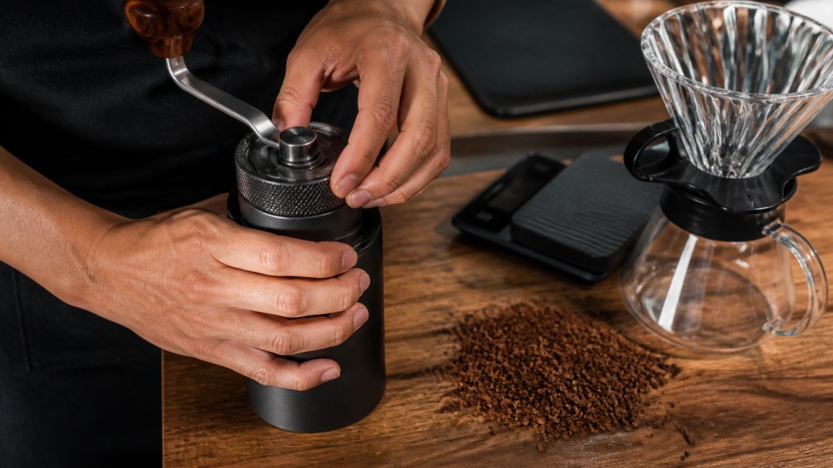 Hands adjusting the burr setting on a manual coffee grinder beside medium-coarse grounds and a pour-over dripper