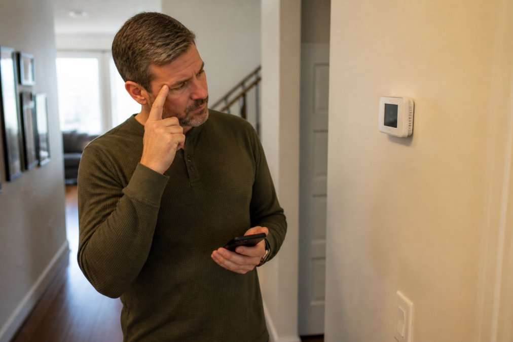 Homeowner looking puzzled at a wall thermostat while checking their smartphone to see why is my house temperature