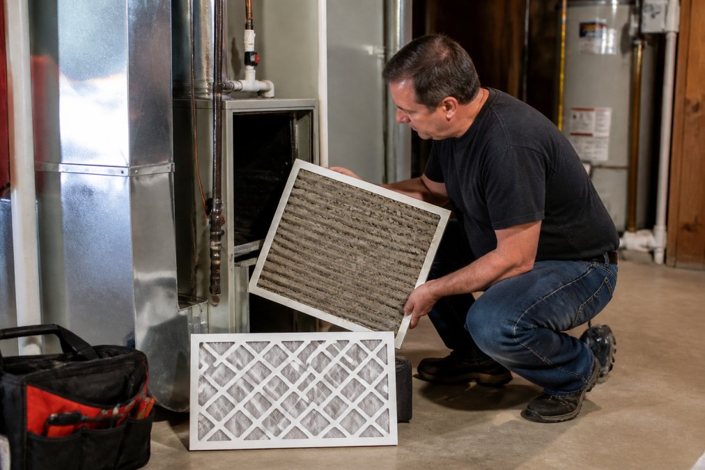 A homeowner kneeling beside a residential HVAC air handler, holding a dusty air filter next to the open filter slot, with a clean replacement filter resting on the floor nearby