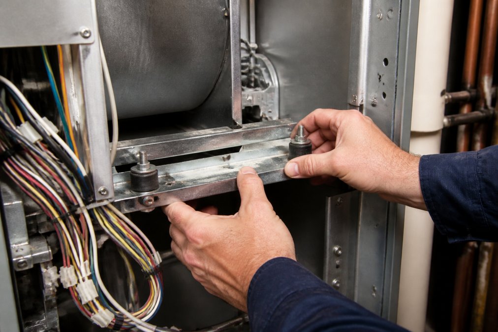 Professional HVAC technician's hands inspecting loose metal components and vibration dampeners inside an air handler unit, showing wear and loose bolts in bright workshop lighting