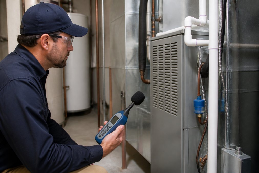 Licensed HVAC technician holding diagnostic sound measurement equipment while assessing noise levels inside a residential HVAC system in a home mechanical room