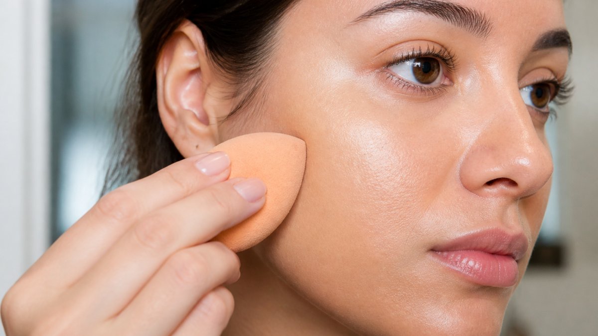 Step-by-step diagram showing how to blend liquid foundation using a damp sponge for a smooth finish.