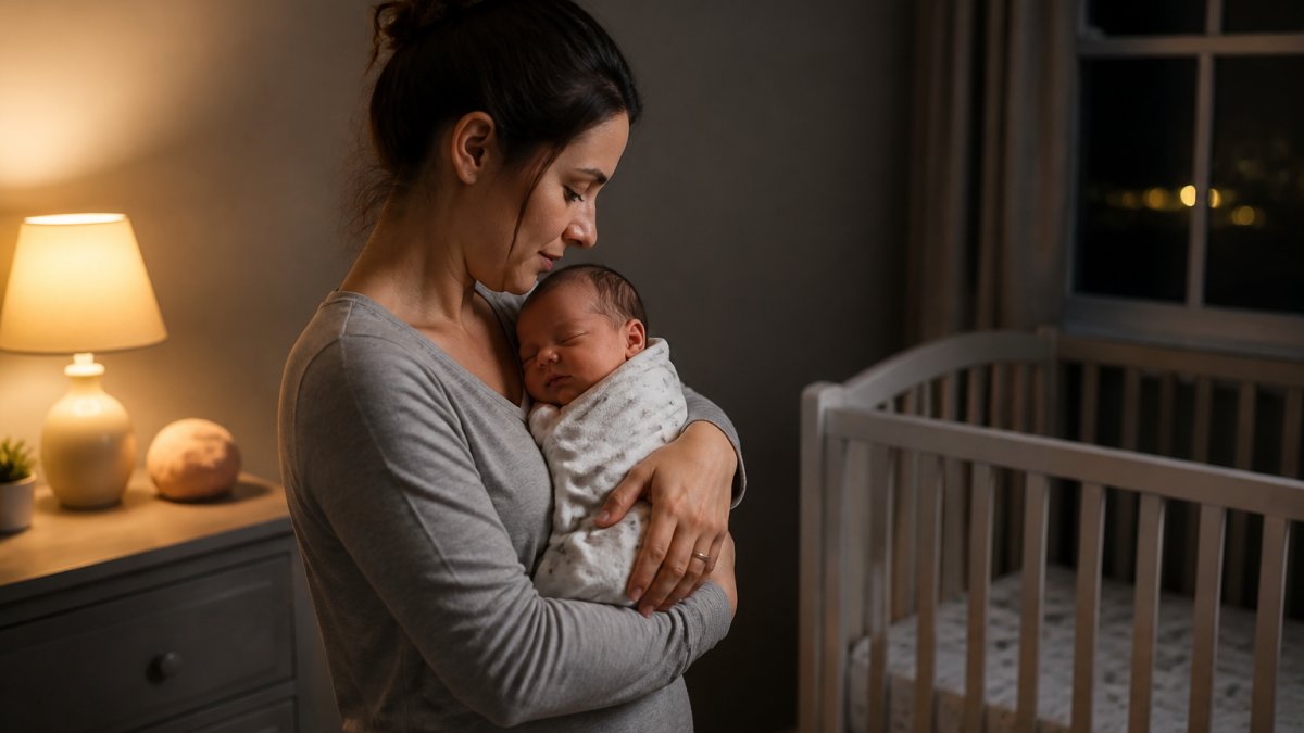 A calm parent gently rocking a swaddled newborn in a softly lit nursery at night, with a crib and dim lamp in the background