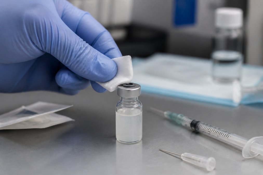 A researcher's gloved hand holding a sterile alcohol swab, wiping the rubber stopper of a peptide vial in circular motions, with a sterile syringe and needle visible on a clean lab bench beside the vial
