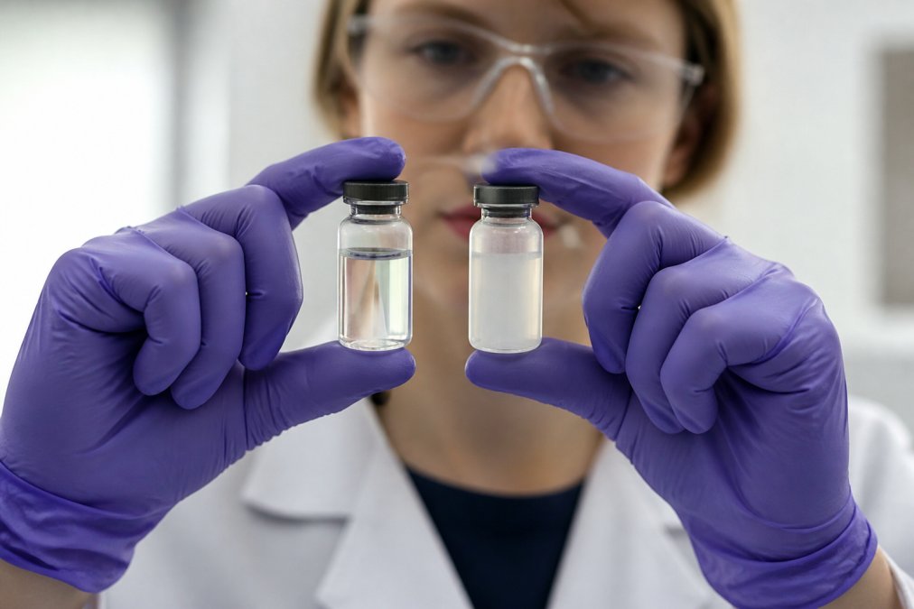 A researcher in a lab coat examining two peptide vials side by side against a bright white background, one containing a clear, colorless solution and the other containing a visibly cloudy, turbid solution, demonstrating the visual difference between normal and degraded peptide solutions