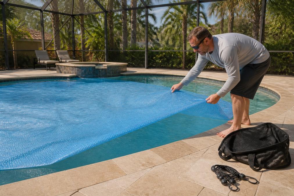 Homeowner covering a backyard pool with a solar blanket to stop pool water cold on a sunny day in Florida