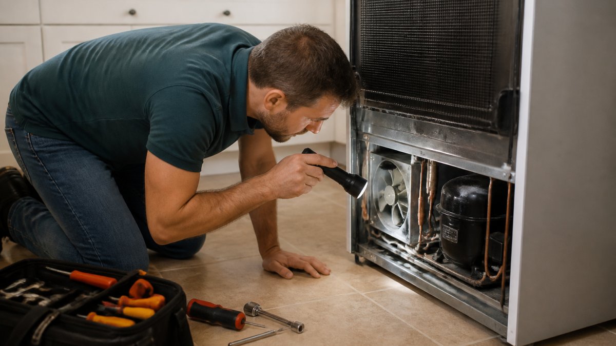 Homeowner using a flashlight to inspect a refrigerator condenser fan to fix why is my refrigerator making loud noise