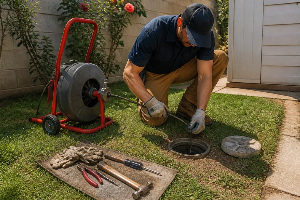 A plumber in work clothes using a drain snake machine on an outdoor sewer cleanout access point in a residential backyard, with tools laid out on the grass nearby