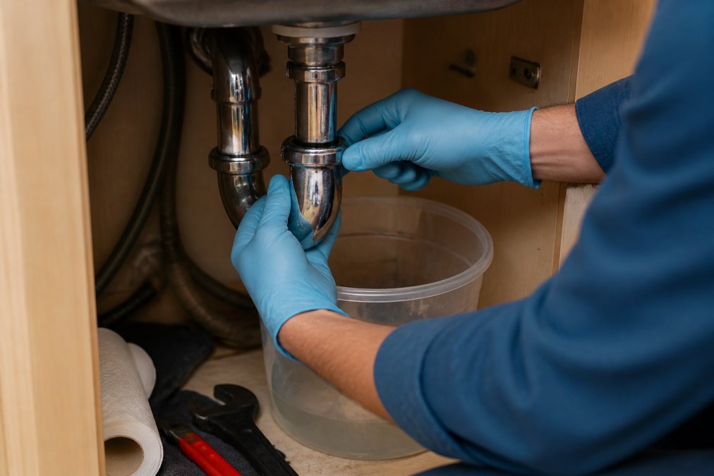 Close-up of hands wearing protective gloves unscrewing a chrome P-trap under a sink, with a clear bucket positioned directly underneath to catch water and debris
