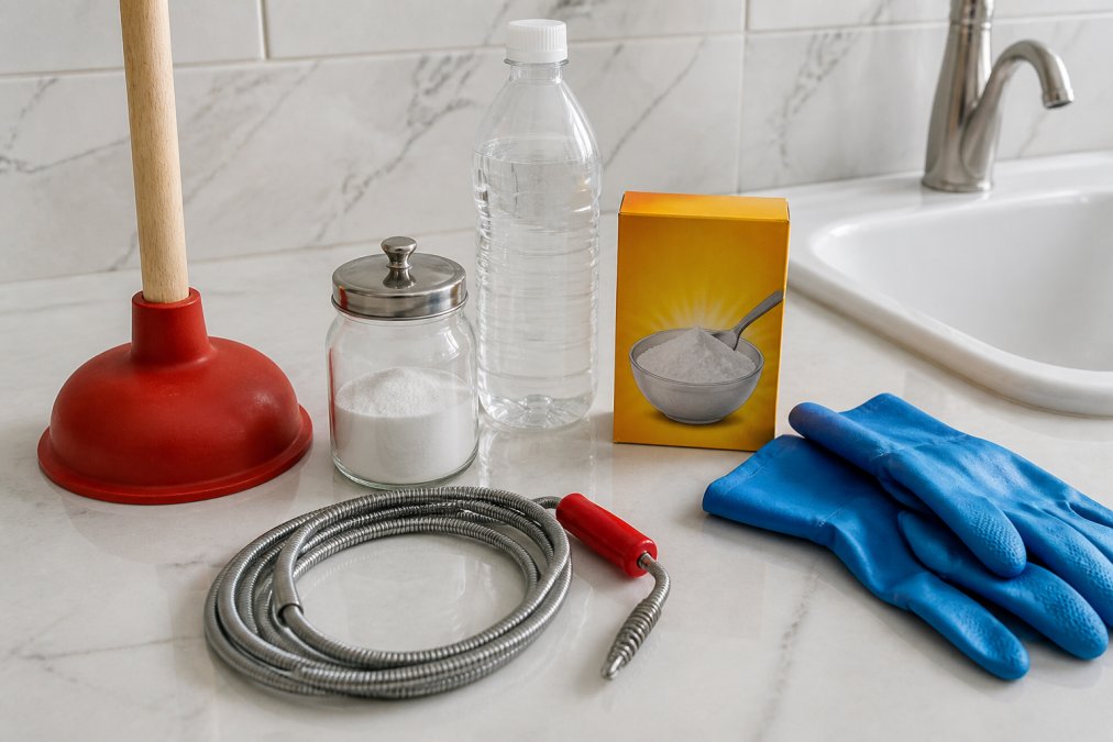 Flat lay photograph of drain-clearing tools arranged on a clean white bathroom counter: a red plunger, a metal plumbing snake coiled beside it, a box of baking soda, a bottle of white vinegar, and rubber gloves