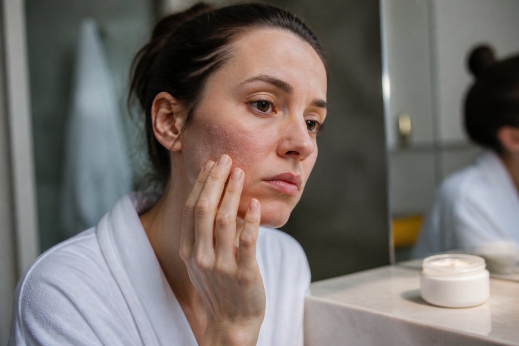 Close-up of a woman in her thirties gently touching her dry, flaky cheek in a softly lit bathroom, jar of moisturizer visible on the counter beside her