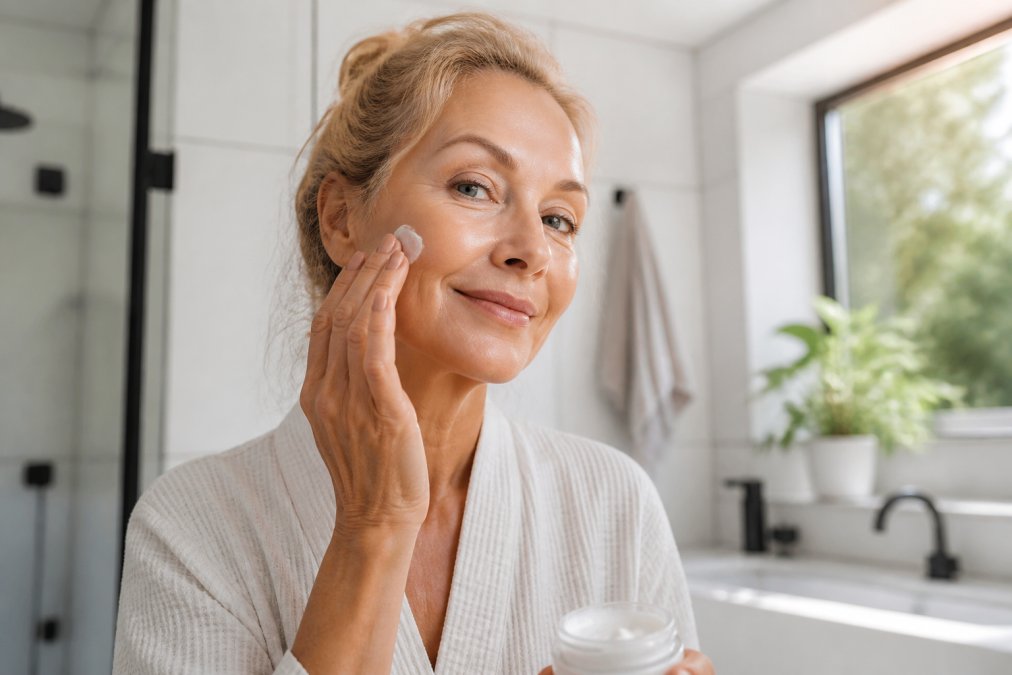 Woman in her 50s with glowing skin gently applying rich face cream in a bright, sunlit bathroom