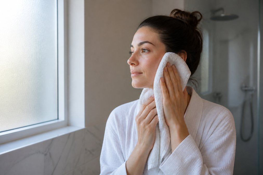 Person gently patting their face with a soft towel after cleansing, standing in a minimalist bathroom with soft natural light coming through frosted glass
