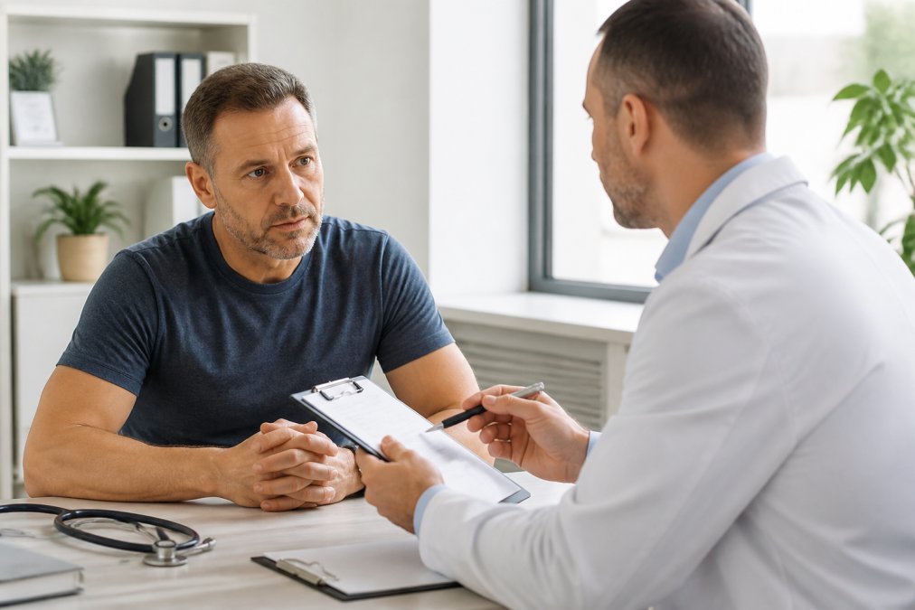 A man in his 40s sitting in a bright, modern medical office, speaking with a doctor who is reviewing lab results on a tablet, natural light coming through a window