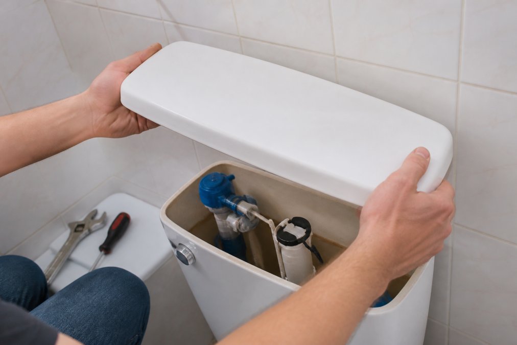 Close-up of a person's hands carefully lifting a white porcelain toilet tank lid in a bright, tiled bathroom, revealing the flapper valve, fill valve, and float cup components inside