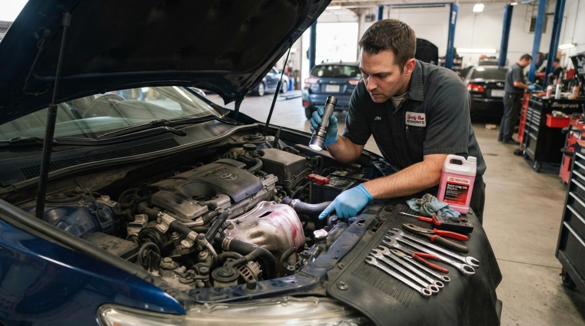 Close-up of a mechanic's hands inspecting Toyota engine bay coolant hoses and connections with a flashlight, pointing to a visible drip