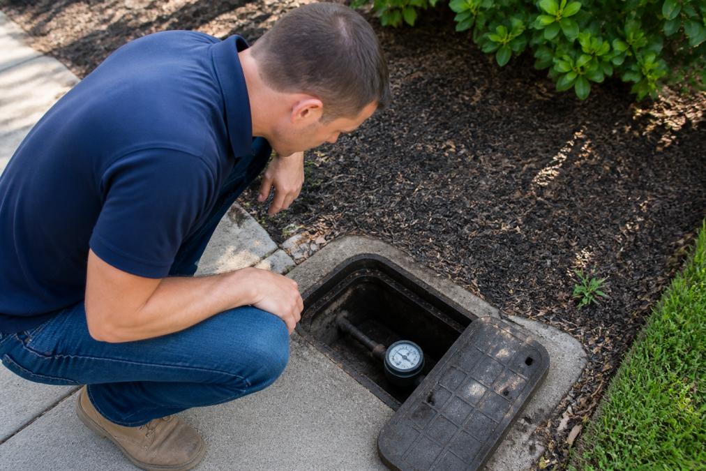 Homeowner crouching down to read a water meter housed in a green utility box near the front yard driveway, natural afternoon daylight, focused expression as they examine the dial closely