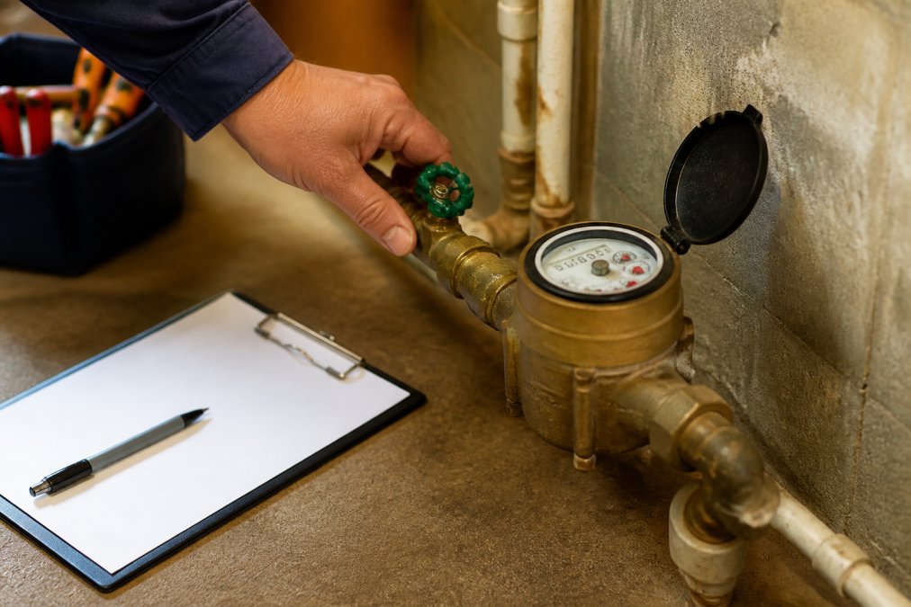 Homeowner turning a water meter shut-off valve to check why is my water bill so high, with a clipboard nearby.