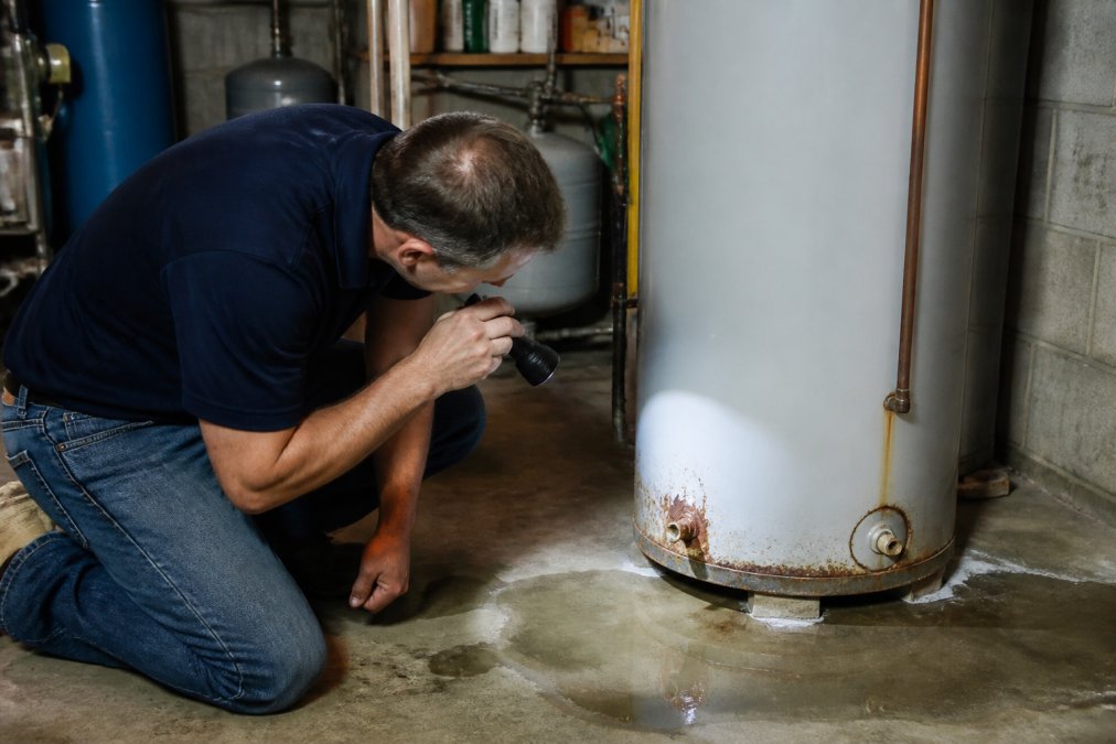 Homeowner using a flashlight to check a water heater leaking at the base in a basement
