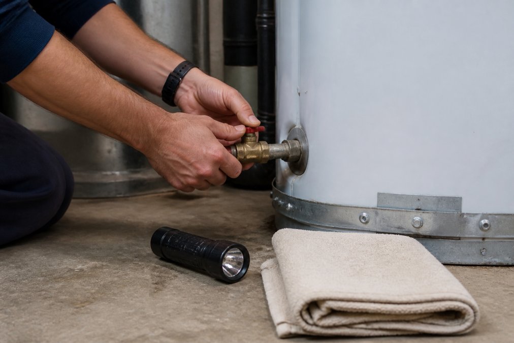 Homeowner turning off the shut-off valve to stop a water heater leaking in a residential utility room