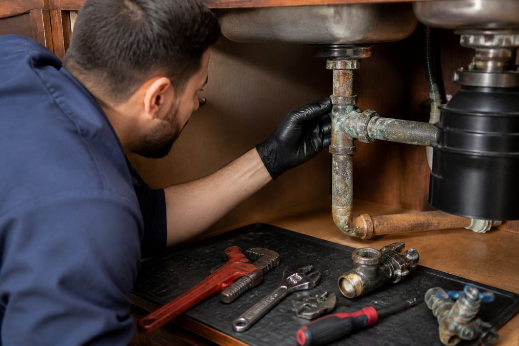 Close-up of a licensed plumber inspecting corroded galvanized steel pipes under a kitchen sink, with tools laid out on a clean work mat