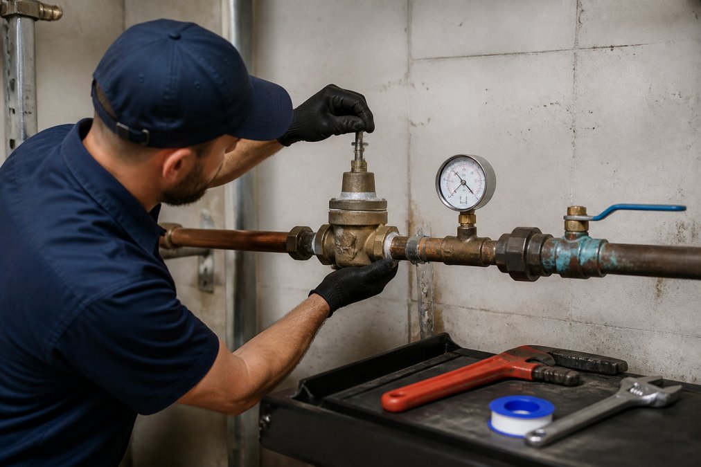 A plumber adjusting a water pressure regulator on a main water line in a utility room, with a pressure gauge clearly visible on the pipe
