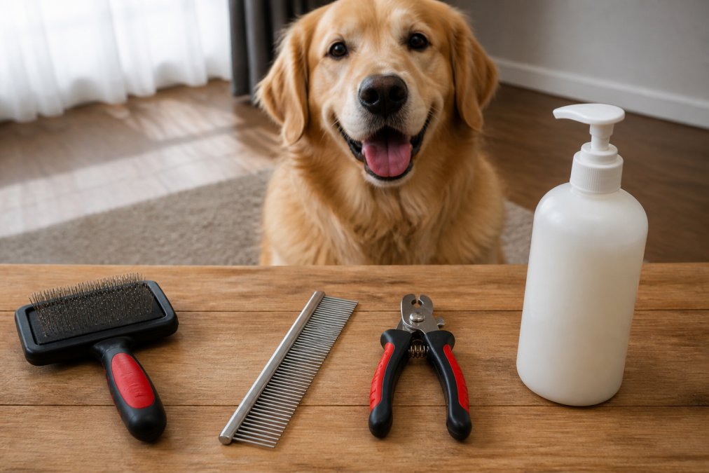 A flat-lay photo of essential dog grooming tools on a clean wooden table, including a slicker brush, metal comb, nail clippers, and a pet-safe shampoo bottle, with a happy golden retriever sitting patiently in the background