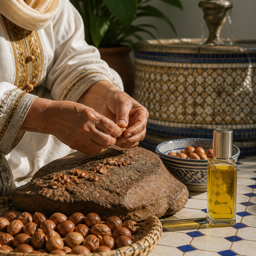 Close-up of a woman's hands cracking argan kernels on a stone surface, with a small bowl of kernels and a bottle of golden oil nearby, natural daylight
