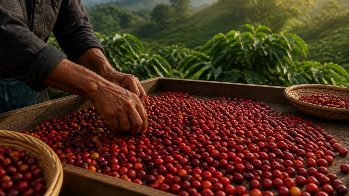 A coffee farmer's hands sorting freshly picked red coffee cherries on a wooden table, with green hills and coffee plants visible in the background under warm morning light