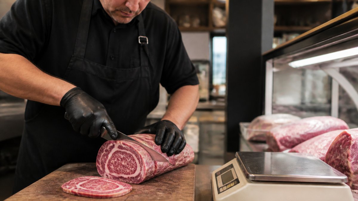 A butcher carefully slicing a piece of heavily marbled raw Wagyu beef on a wooden block, with a small scale and price tag visible nearby in a clean, well-lit shop