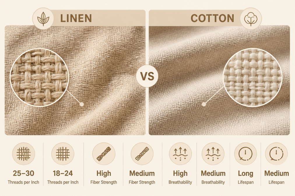 Close-up of linen and cotton fabric textures laid flat in natural sunlight, showing fiber density and weave detail with intertwined threads